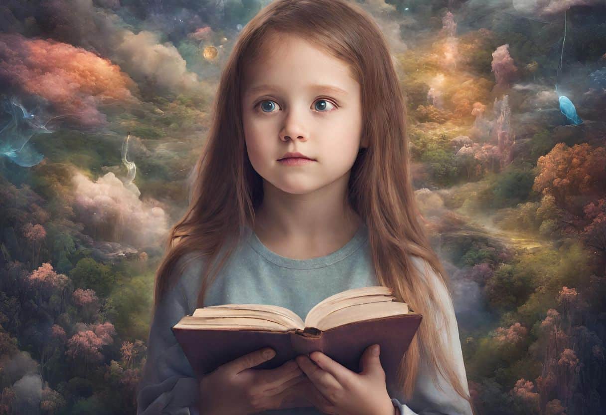 girl holding a book and imagining magical worlds